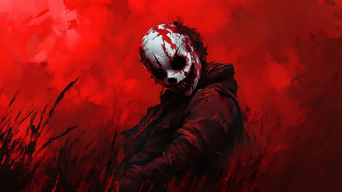 Masked killer stalks bloodred field in stark profile