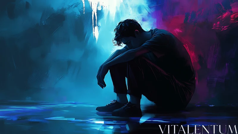 Solitary figure absorbs neon silence in reflective void.