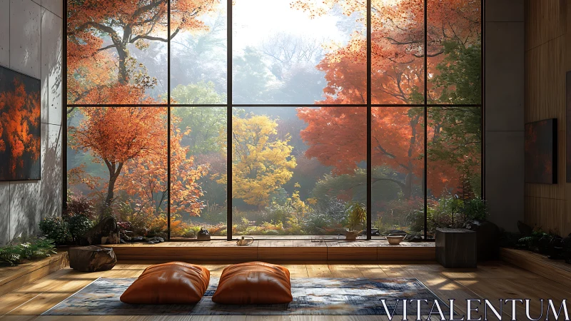 Cozy window retreat opening onto glowing autumn forest.