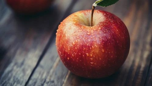 Macro study of dewy red apple on rustic wooden surface