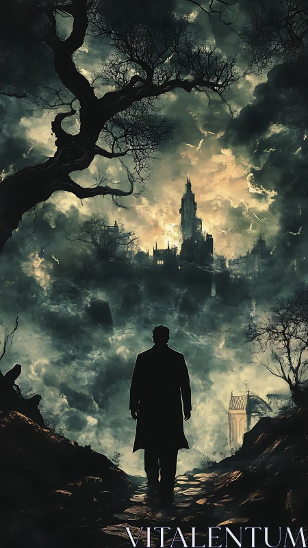 Silhouetted figure walks toward distant gothic castle at dusk