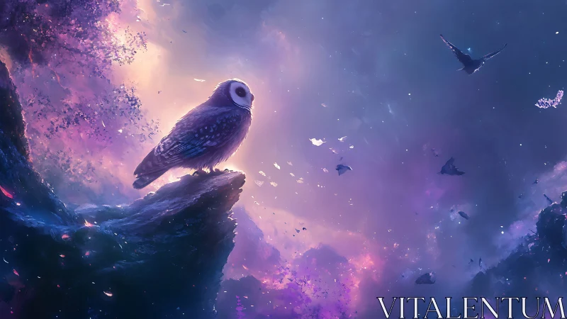 Owl on rocky ledge in glowing purple cosmic sky.