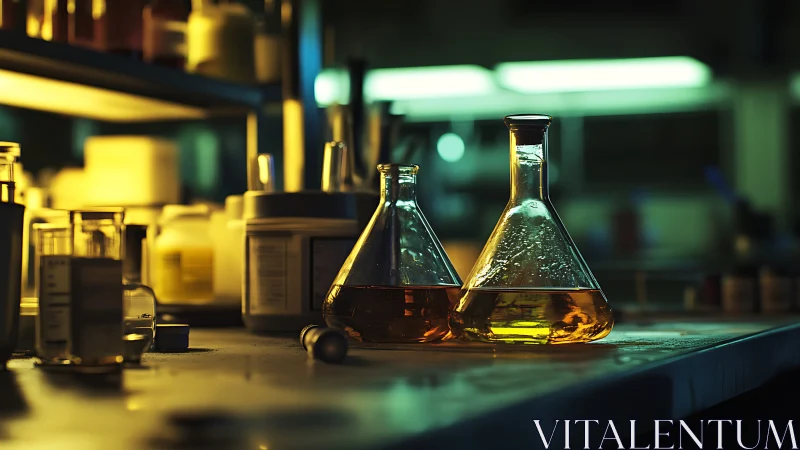 Laboratory flasks with colored liquids on dim workbench.