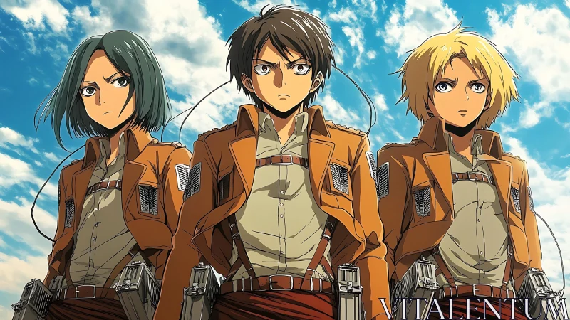 Three uniformed anime soldiers under partly cloudy sky.