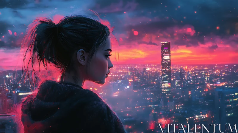 Solitary woman observes neon city skyline at electric dusk