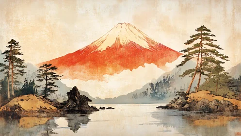 Gentle red mountain above a quiet lakeside pine refuge.
