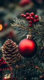 Red Christmas bauble hangs beside frosted pinecone