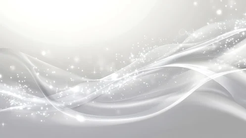 Abstract white flowing waves with sparkling light effects background.