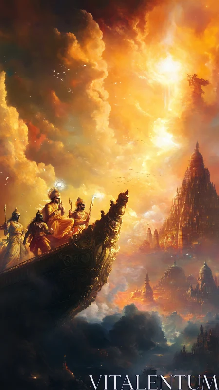 Epic divine voyage toward a radiant celestial citadel.