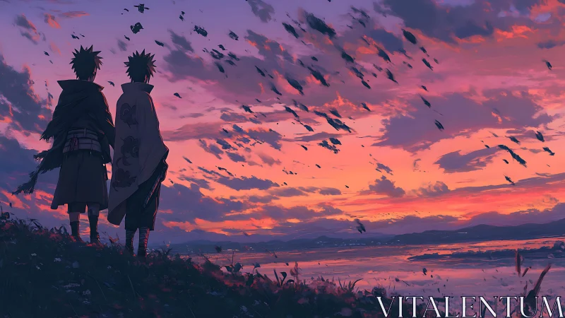 Anime silhouettes watch stormlit magenta sunset sky.