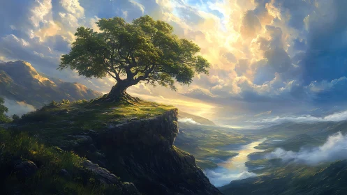 Solitary oak crowns luminous cliff above winding valley river