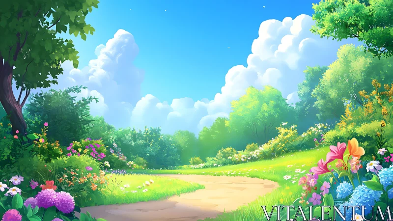 Luminous floral meadow path under cumuliform cloud architecture.