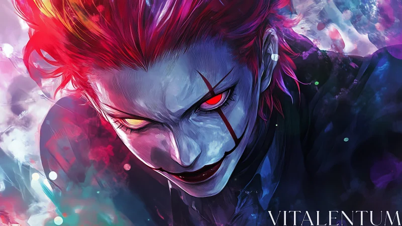 Intense anime portrait of red haired figure with glowing eyes.