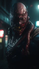 Grotesque mutant creature in slick urban night scene.