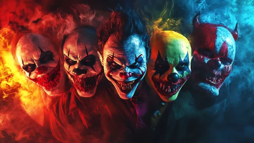 Sinister clown gang in fiery red and icy blue smoke.