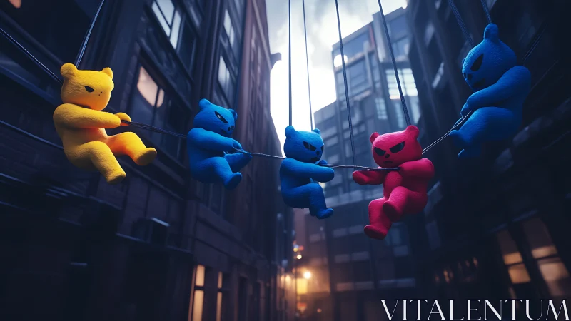 Colorful plush bears wage playful tug-of-war above city streets.