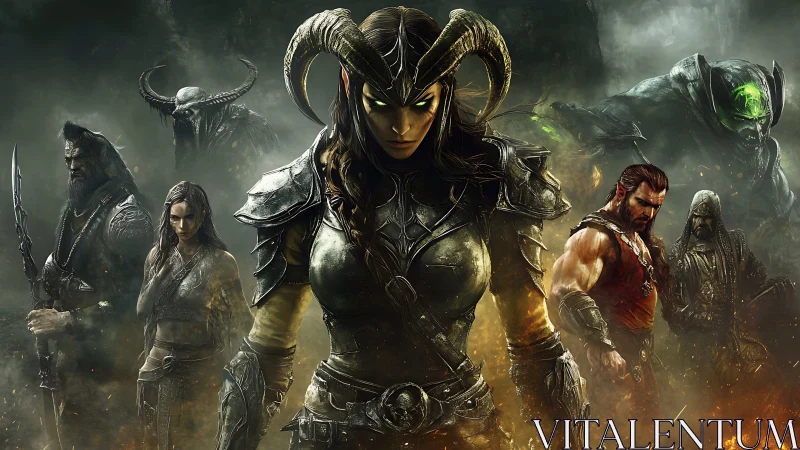 Horned armored warrior leads dark fantasy battle party.