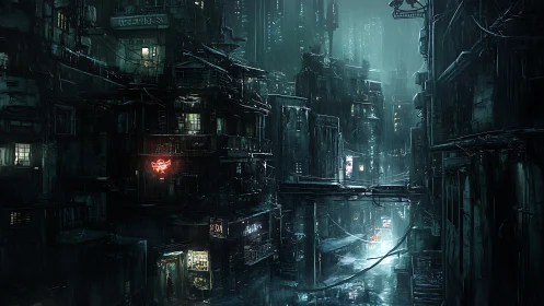 Rain-soaked cyberpunk alley glows through dense neon haze