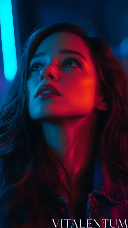 Neon-lit woman portrait with dramatic red blue contrast.