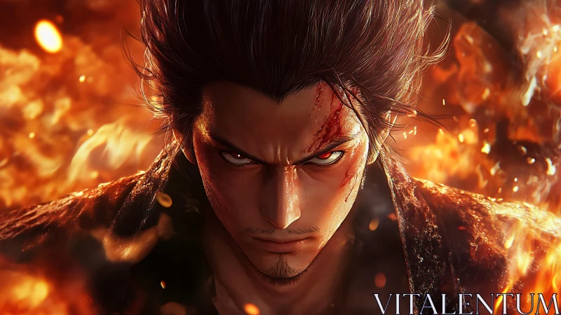 Male character rendered in close-up amid simulated flames