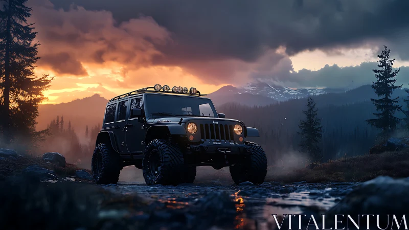 Off-road sunset escape with a rugged mountain adventure Jeep.