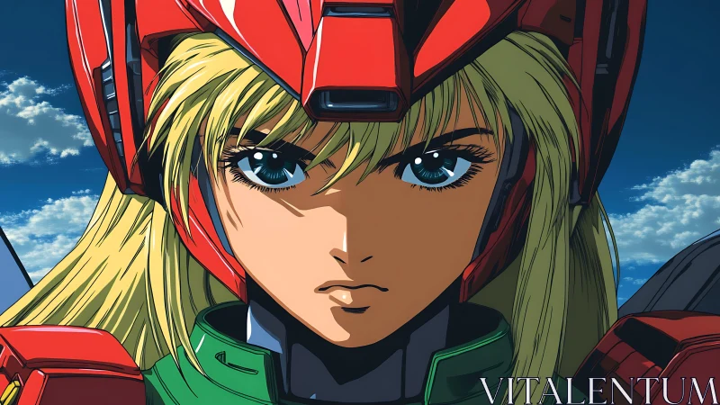 Fearless anime pilot gazing ahead in bold red armor.