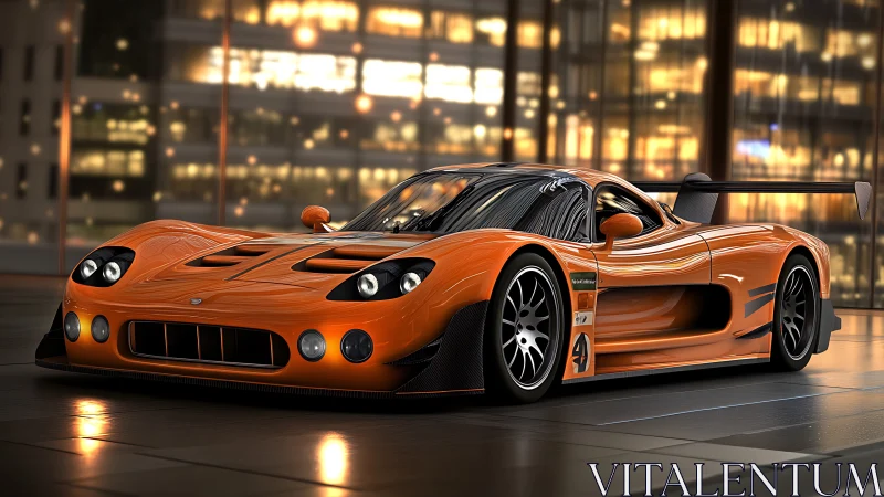 Orange supercar poised in glossy city penthouse garage.