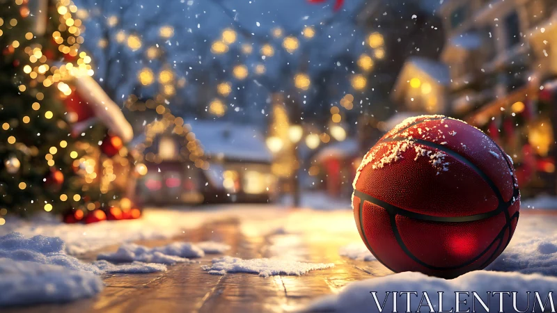Snow-dusted basketball on reflective winter street at dusk.