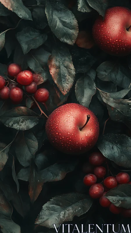 Red apples and grapes lie on dark wet leaves in close view
