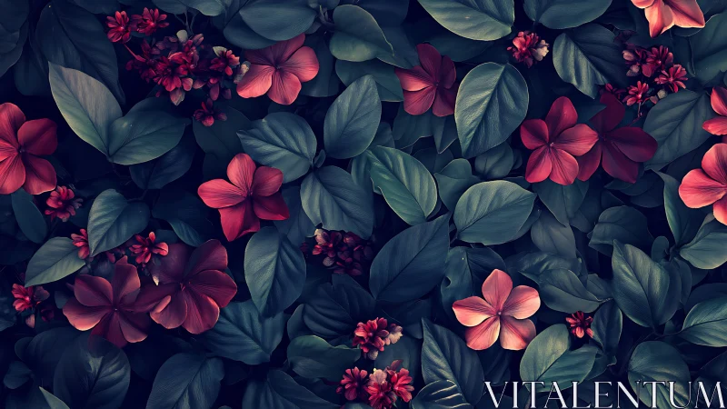 Digital floral tapestry with lush foliage and crimson blooms.
