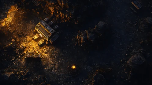 Futuristic desert outpost glows amid dark rocky terrain.