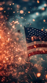 American flag illuminated by dense fireworks bokeh against night sky