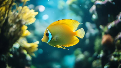 Golden reef fish glides gently through shimmering blue water