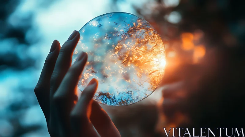 Hand holds reflective glass sphere capturing bokeh sunset glow