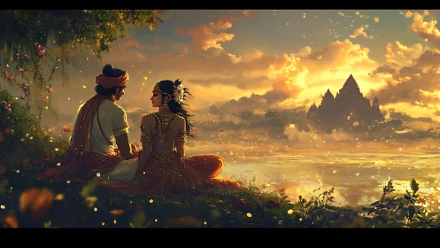 Sunset river scene with couple and distant temple view.