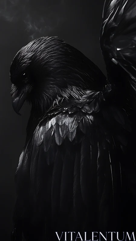 Midnight raven folds its lacquered wings into shadow