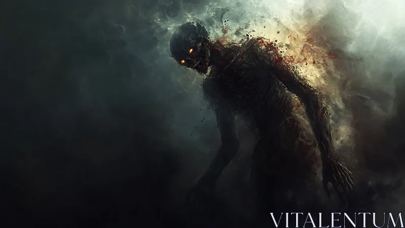 Shadowy fiery-eyed monster emerges from swirling toxic mist