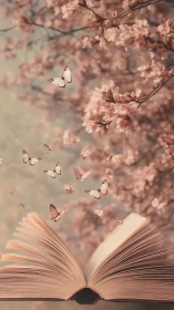 Butterflies rise from an open book beneath dreamy blossoms