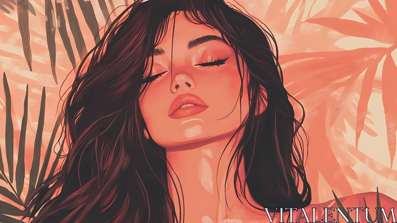 Serene woman portrait in warm tropical digital painting.