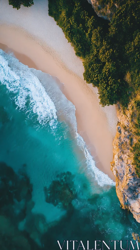 Aerial perspective reveals dynamic coastal morphology with turquoise ocean, white wave dynamics, and