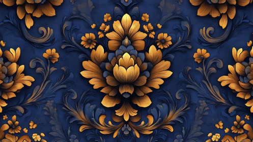 Embossed gold floral relief with symmetrical baroque scroll motifs on blue