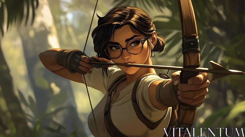 Focused archer in jungle aiming bow with steady precision.