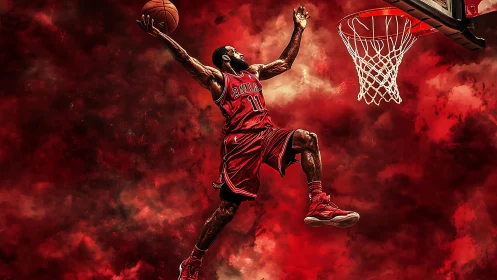 Basketball player executes one handed dunk in stylized scene