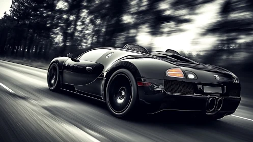 Black sports coupe on highway with motion blur background.