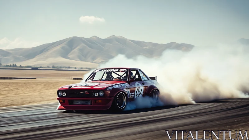 Red drift car slides sideways on race track, producing smoke