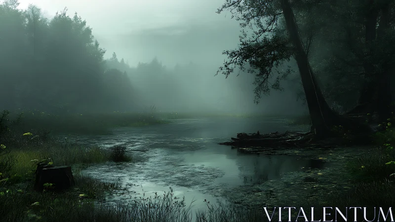 Dense fog settles over reflective forest swamp at dawn