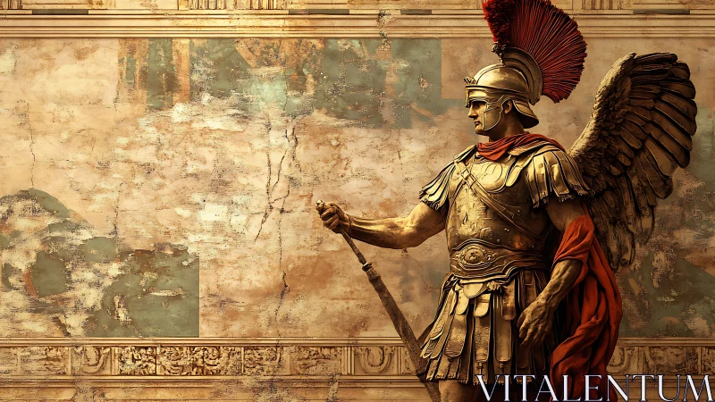 Winged bronze Roman centurion statue against aged fresco wall