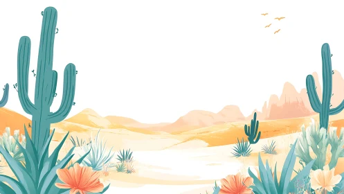 Desert cacti illustration with warm dunes and teal flora.
