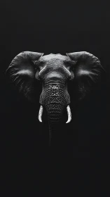 Elephant portrait shows stark tusks against deep black void