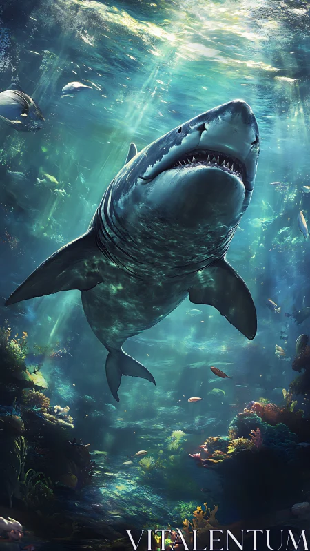 Great white shark dominates vibrant sunlit reef scene.